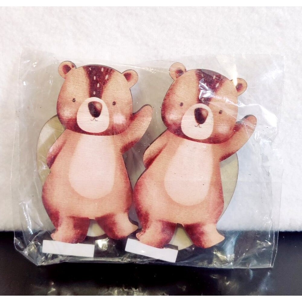 2 Pc Wooden Bear Cutout Shapes Forest Painted 2.75" Woodland Bears Pair